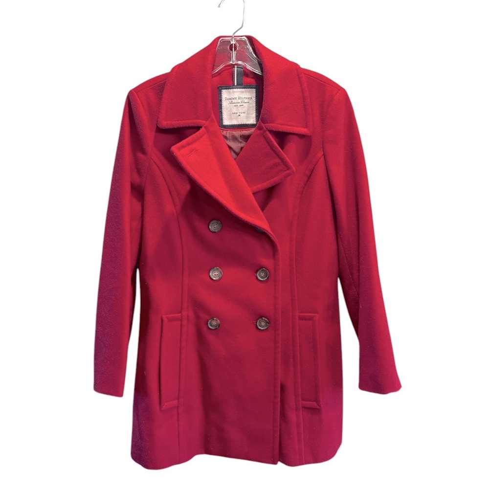 Tommy Hilfiger women wool blend double breasted red pea coat, like new size S